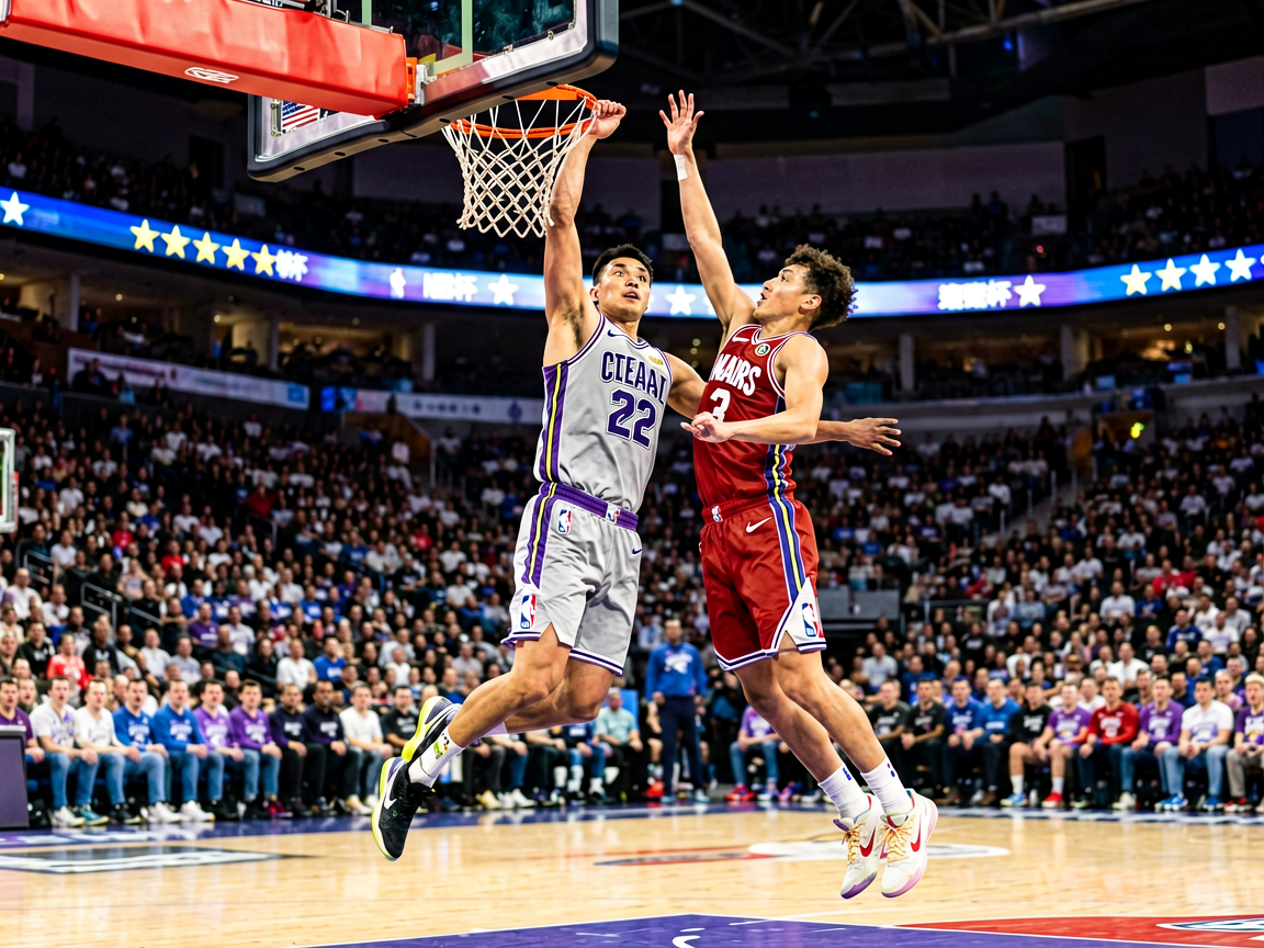 NBA比赛中球员在空中完成上篮对抗的精彩瞬间